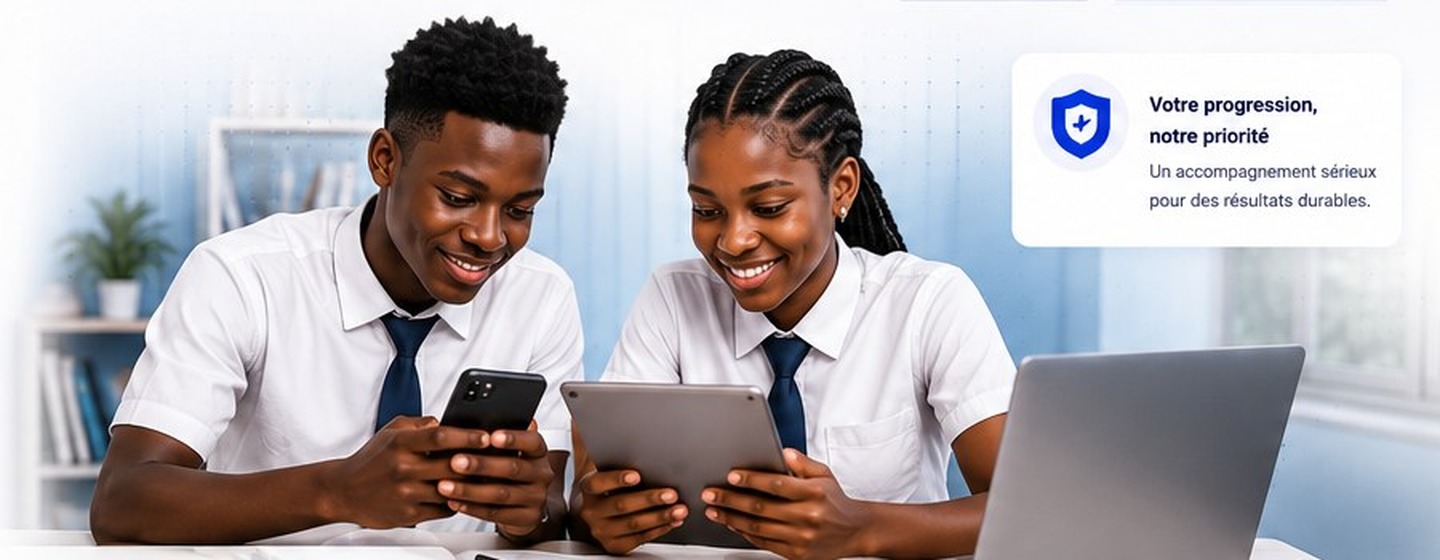 Deux élèves africains utilisant un téléphone, une tablette et un ordinateur pour apprendre avec TIMAH ACADEMY